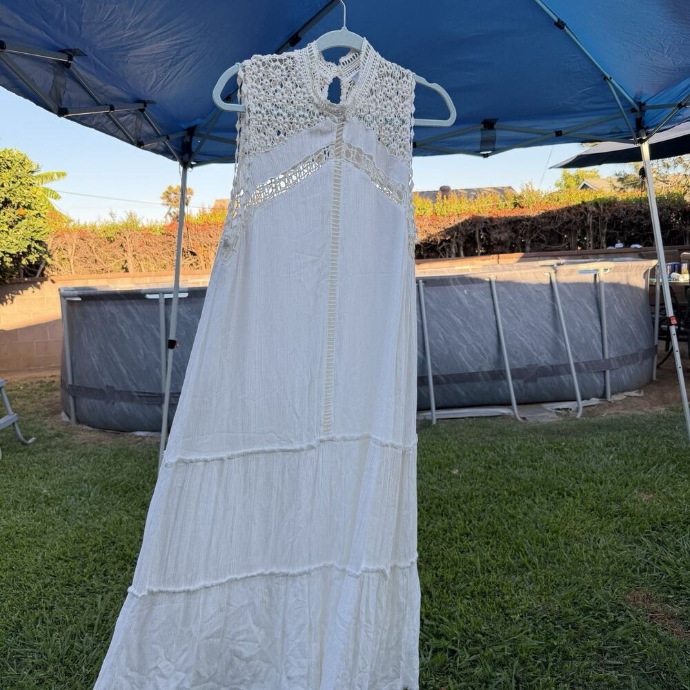 FATE Boho Crochet Lace Maxi Dress Medium Ivory Sleeveless Cottagecore Festival - Picture 4 of 13